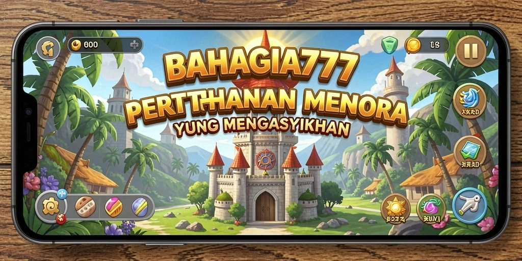 Gameplay seru <strong>BAHAGIA777</strong> menunjukkan menara bertahan dari gelombang musuh.