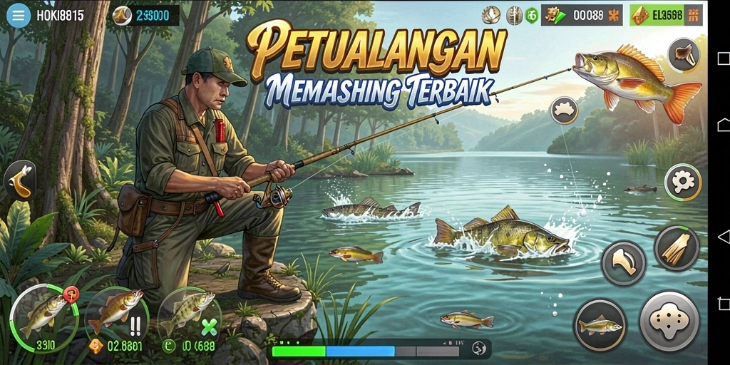 Screenshot gameplay HOKI8815 menunjukkan aksi menangkap ikan yang seru.