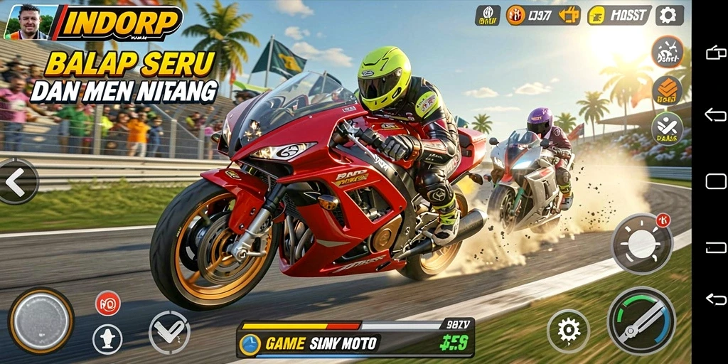 Gameplay seru INDORP dengan balapan motor yang mendebarkan.