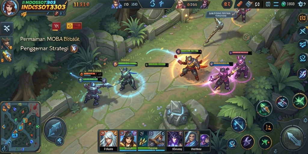 Tampilan utama gameplay MOBA dengan karakter yang dinamis dan strategi seru.