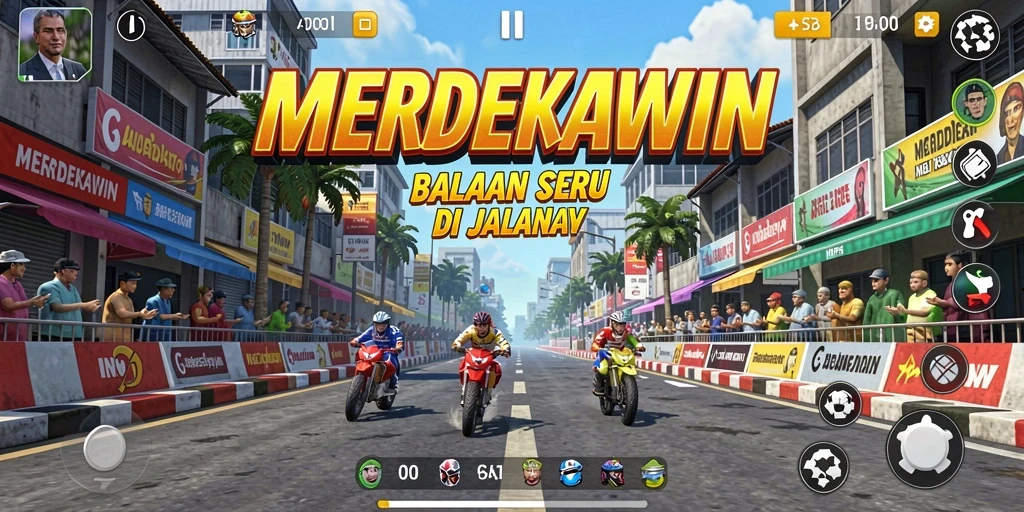 Tangkapan layar <strong>MERDEKAWIN</strong> menampilkan aksi balapan yang mendebarkan dan grafis yang menakjubkan.