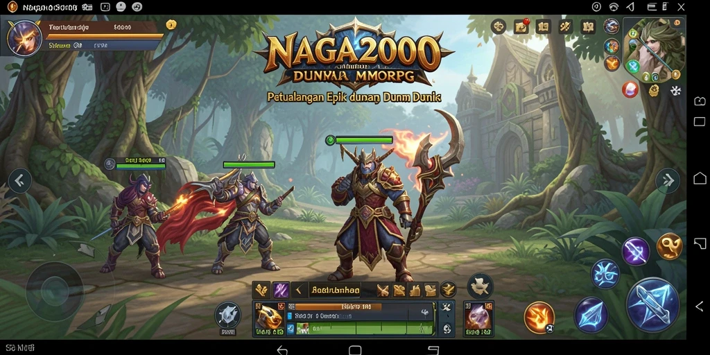 Screenshot gameplay NAGA2000 menampilkan pertempuran seru dalam dunia fantasi.