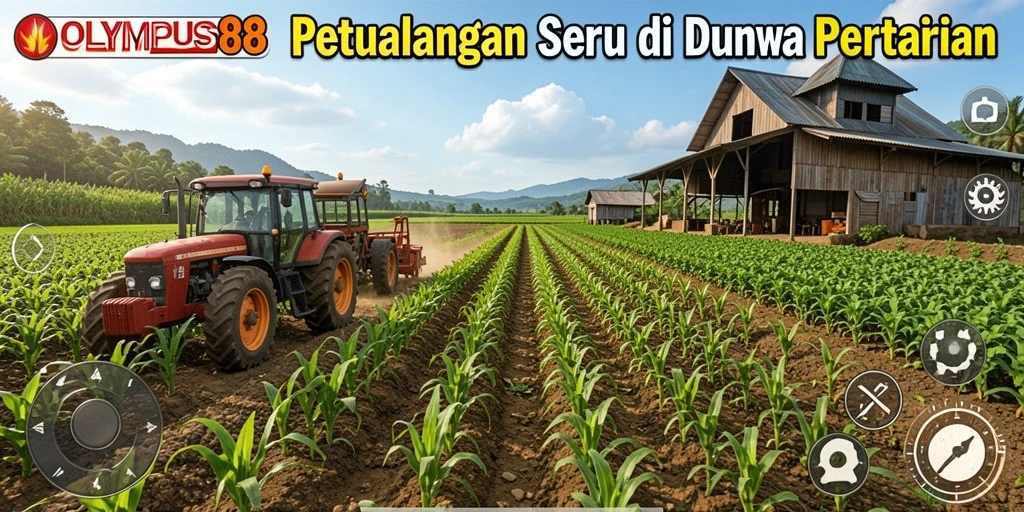 Tampilan gameplay OLYMPUS88 yang menampilkan ladang subur dan aktivitas pertanian.