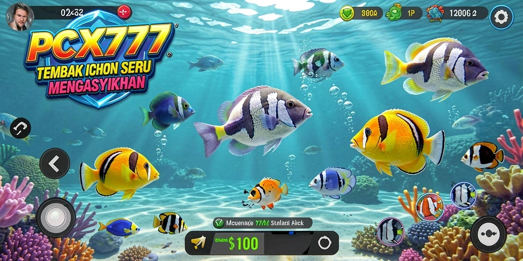 Tangkapan layar gameplay <strong>PCX777</strong> yang menampilkan aksi menembak ikan.