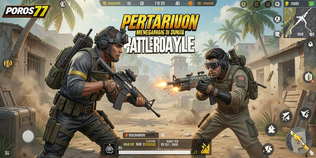 Screenshot gameplay <strong>POROS77</strong> menampilkan peperangan seru di arena Battle Royale.