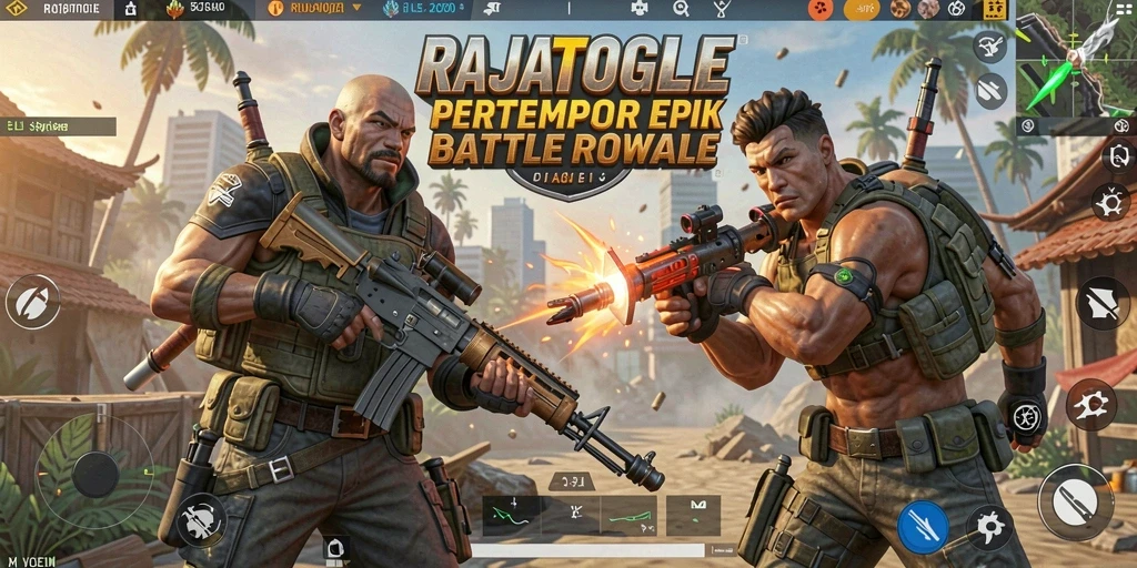 Screenshot utama RAJATOGEL menampilkan pertempuran intens dalam lingkungan Battle Royale.