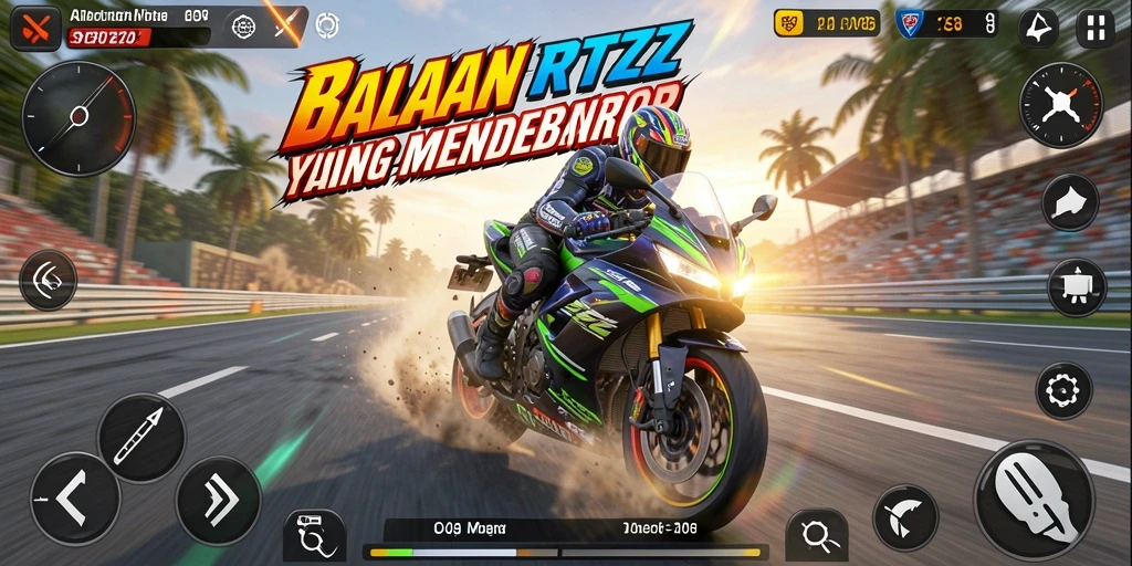 Tampilan gameplay RTZZ dengan aksi balap sepeda motor yang mendebarkan.
